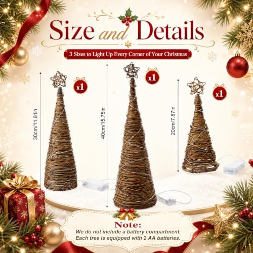 Rattan Woven Christmas Cone Tree Lighted Fireplace Mantle Decor