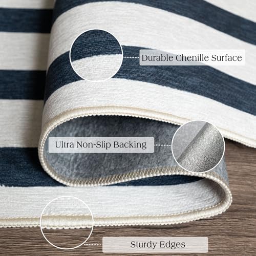 Front Door Mat Indoor Entrance, 2x4.3 Ft Blue and White Striped Rug