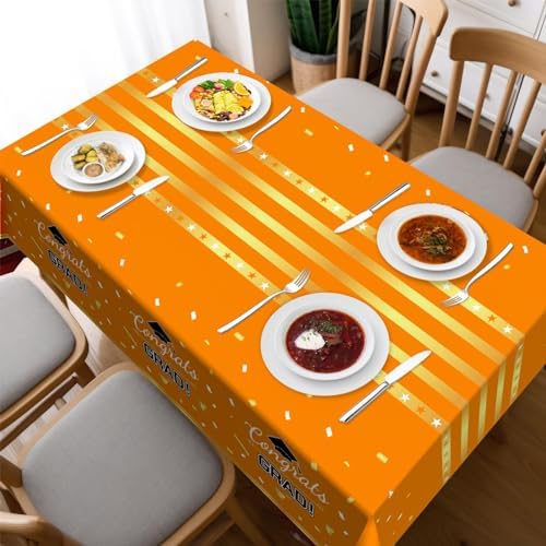 Childom 3 Pack Graduation Tablecloth,Graduation Decorations 2026 Graduation Party Decoration,54"x108" Orange and Gold Graduation Tablecloth,Disposable Plastic Tablecloth Rectangle for Graduation Party