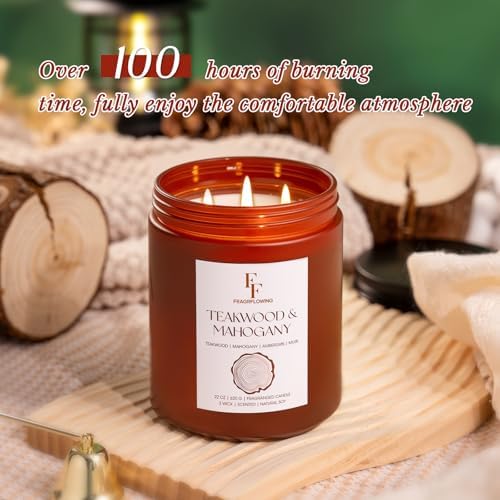 Teakwood & Mahogany Large Christmas Scented Candle, 3-Wick 22oz Long Lasting Scented Candle, Natural Soy Wax