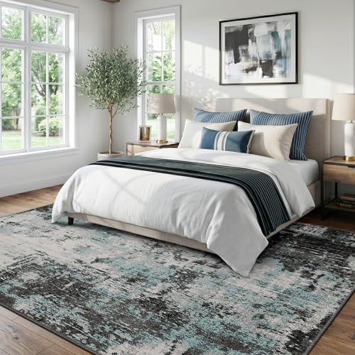 RELEANY Washable 6'x9' Abstract Area Rug for Living Room Teal Black