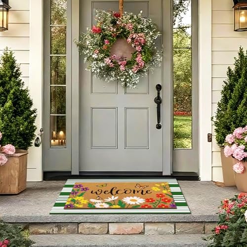 Tinideya 2 Pcs Spring Floral Layered Doormat Set for Seasonal Porch Decor