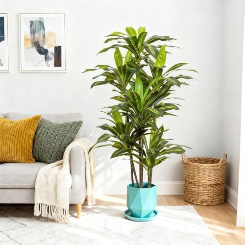 5ft Dracaena Artificial Plant - Large Tropical Indoor Fake Tree with Lifelike Leaves - Tall Faux Floor Plant in Pot for