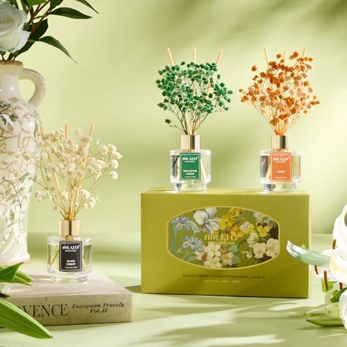 Airkeep Reed Diffuser Set of 3, Black Forest Eucalyptus Moss Citrus Oil Reed Diffusers for Bedroom Living Room Office
