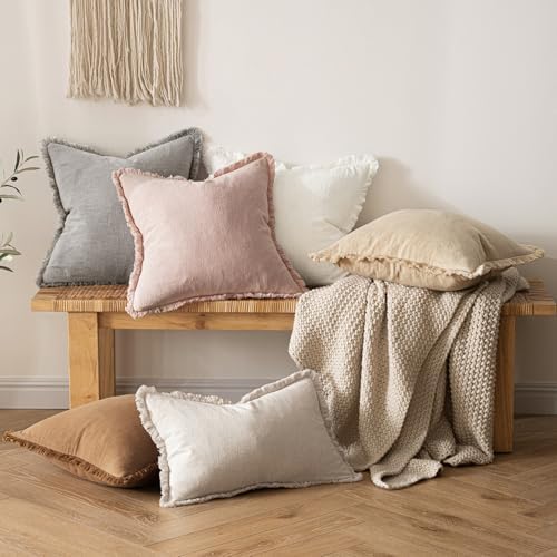 MIULEE Boho Linen Fringe Decorative Throw Pillow Covers Light Pink 18x18