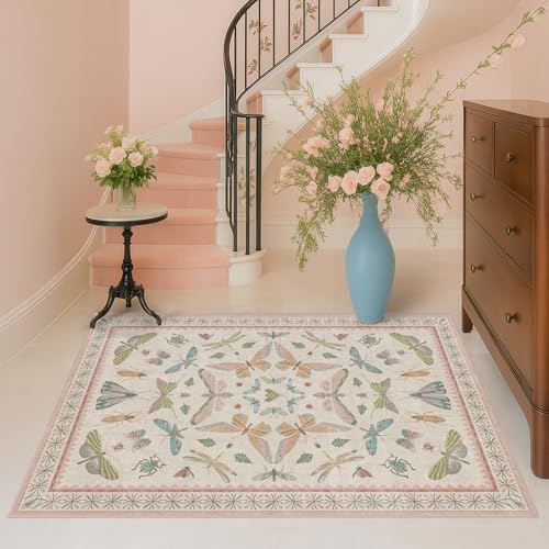 Hazo Haus Neutral Girl Nursery Rug 4x6 - Beige & Pink Rugs for Bedroom, Living Room - Washable Low Pile Non-Slip