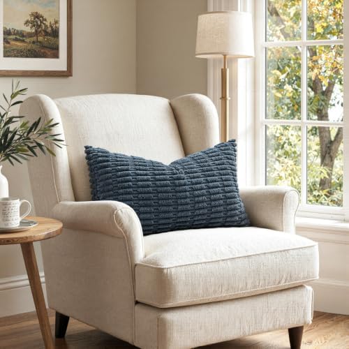 MIULEE Lumbar Corduroy Decorative Throw Pillow Covers 12x20 Blue Pack of 2