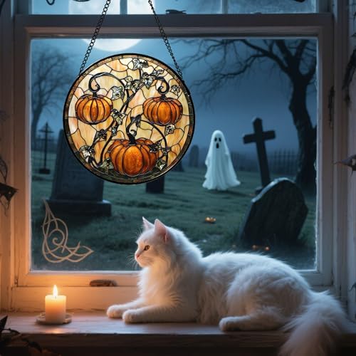Halloween Orange Pumpkin Vine Leaves Stained Glass Window Hanging Gift 9.8"