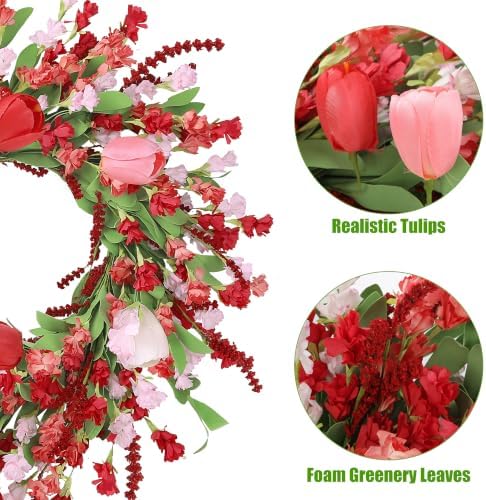 Sggvecsy Spring Summer Wreath for Front Door 22 Inch Artificial Red Flower Wreath with Pink Tulips Greenery Leaves Lavender for All Seasons Home Farmhouse Indoor Outdoor Wall Decor (Red and Pink)