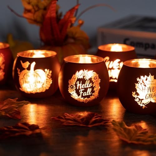 6 Pieces Thanksgiving Candle Holders Orange Pumpkin & Leaf Engraved Tealight Holders for Fall Table Centerpieces, Wedding & Home Decor Indoor and Outdoor
