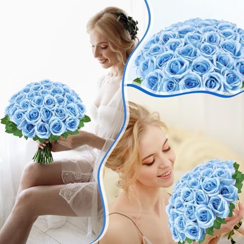 36 Pcs Sky Blue Artificial Roses with Long Stems