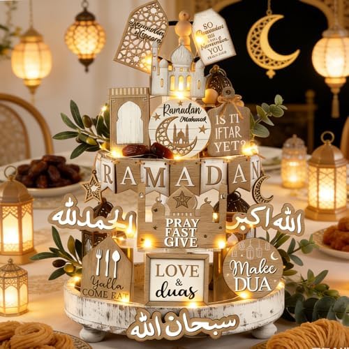 Shellwei 20 Pcs Eid Mubarak Tiered Tray Decor Ramadan Mubarak Table Decor Rustic Wooden Tabletop Signs for Home Black and Gold Muslim Islam Centerpiece for Islamic Gifts Kareem Home Table