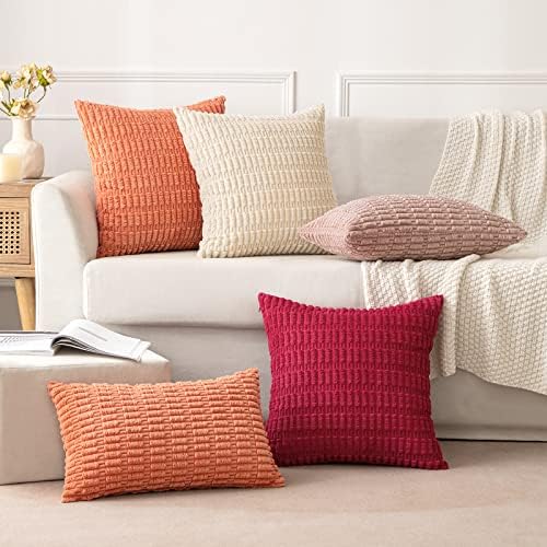 MIULEE Corduroy Decorative Throw Pillow Covers 16x16 Coral Pack of 2