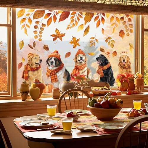 JarThenaAMCS 2 Sheet Fall Dog Window Clings, Resuable Window Decal