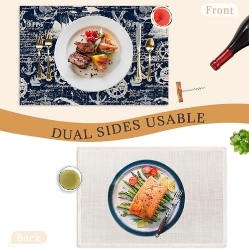 Nautical Navy Blue Placemats Set of 6,Washable Heat Resistant 12×18 Inch Linen Table Mats Caribbean Sailing Place Mats for Party Outdoor Dining Décor