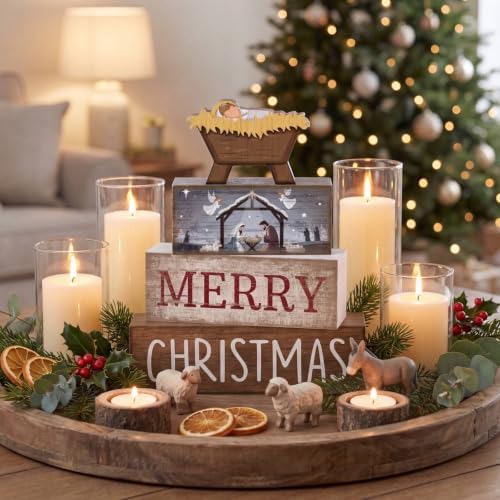 Lineshading 4 Pcs Nativity Christmas Wooden Block Signs Farmhouse Decor
