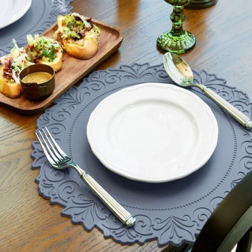 Round Faux Leather Placemats Set of 6, Dining Table Mats, Blue