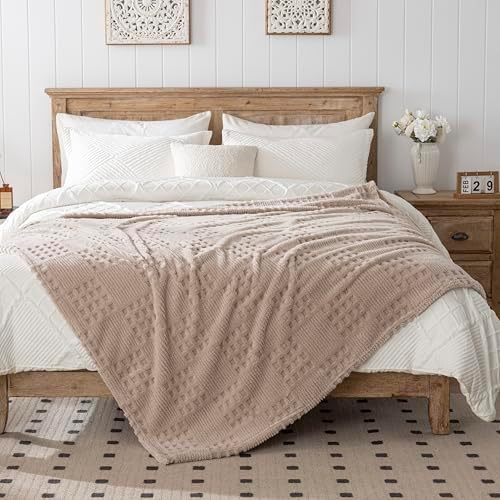 60x80 Inch Waffle Brown Twin Blanket -Fluffy Fleece, Neutral Tan Color, Cute & Aesthetic, Perfect for Sofa, Couch