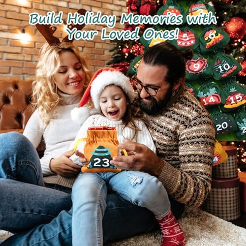 cshare Christmas Advent Calendars with Pockets, Christmas Tree Hanging Advent Calendar Reusable, Empty to Fill Farbic 24 Days Countdown Christmas Decorations