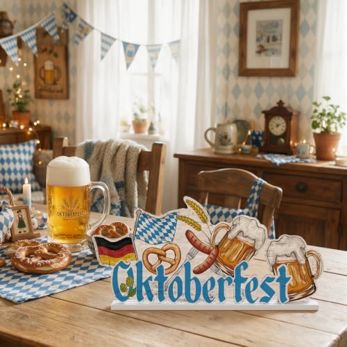 Smile Oktoberfest Wooden Standing Decor, German Flag Pretzel Beer Mug Tiered Tray Tabletop Signs with Stands for Home Bar Party Decor
