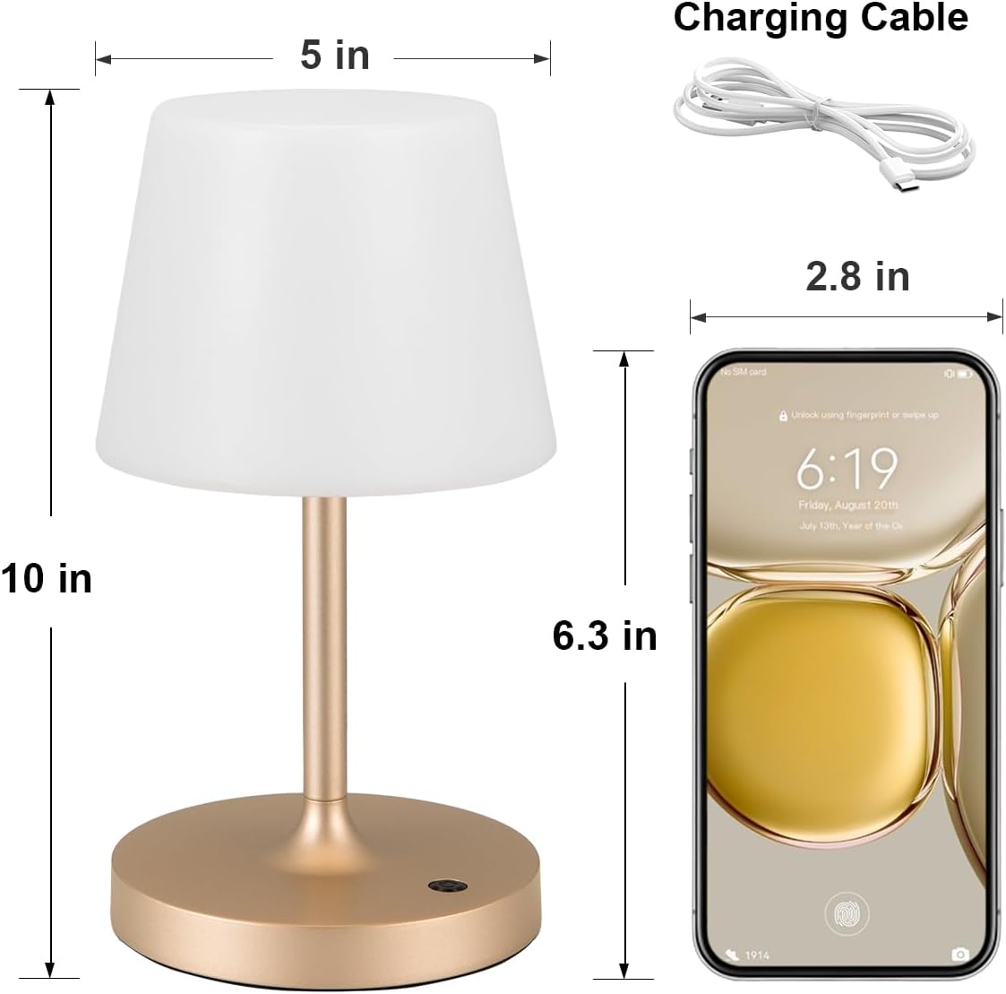 Kakanuo Champagne Gold Shower Lamp Waterproof, Rechargeable Cordless Lamp with 4000mAh Battery, Touch Dimmable Table