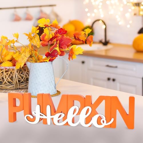 COCHIE Wooden Hello Pumpkin Sign, Fall Decorations for Home, Office, Shelf, Mantel, Indoor, Wood Autumn Decor, Fall Table Top Party Decoration (Hello Pumpkin)