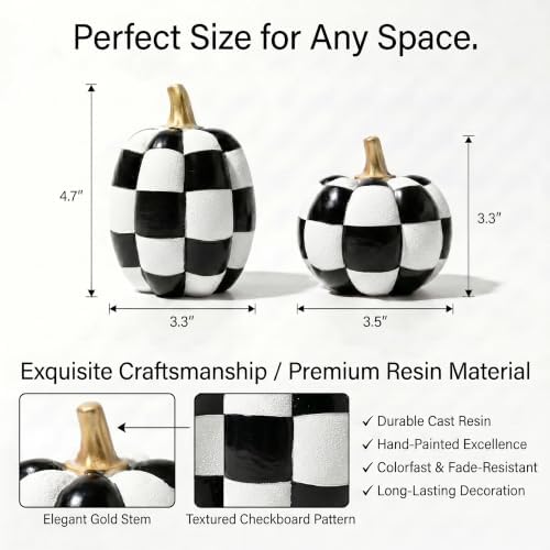 Black and White Checkered Pumpkins with Gold Stem for Halloween Decor