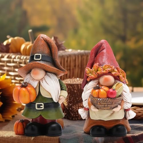 Hodao Fall Pumpkin Gnome Figurines, Thanksgiving Decorations, Set of 2