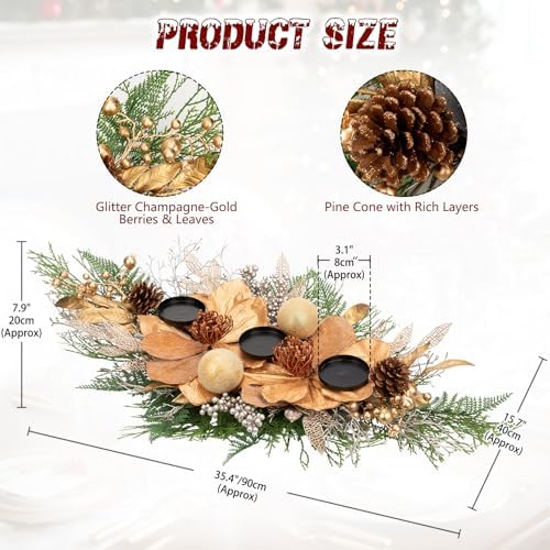 35" Champagne Christmas Centerpiece with Candle Holders, Magnolias Gold Christmas Balls Berries Leaves Branches Pine Cones Pine Needles for Xmas Table Decor, Holiday Candelabrum for Mantel Decorations