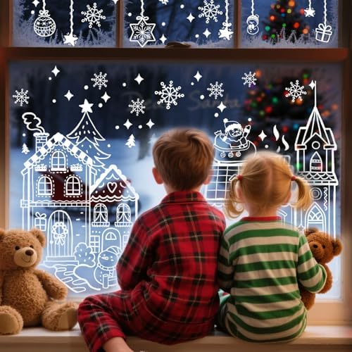 AhfuLife Large Christmas Window Clings Decorations, 27 x 15 in, 4 Sheets Double Side Xmas Snowflake White House Window Decals Stickers for Home Party Indoor Shop Decorations