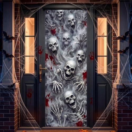 JOYIN 30”x72” Halloween 3D Skull Door Cover Decorations Indoor, Spooky Home Decor Haunted House Stickers, Scary Home Party Supplies Front Room Decor Outdoor