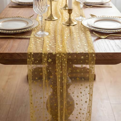 4 Pcs Gold Star Table Runner Sequin Tulle for Wedding Party