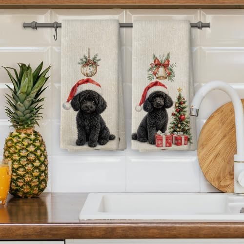 Black Poodle Christmas Tree Kitchen Dish Towels 16x24, Set of 2