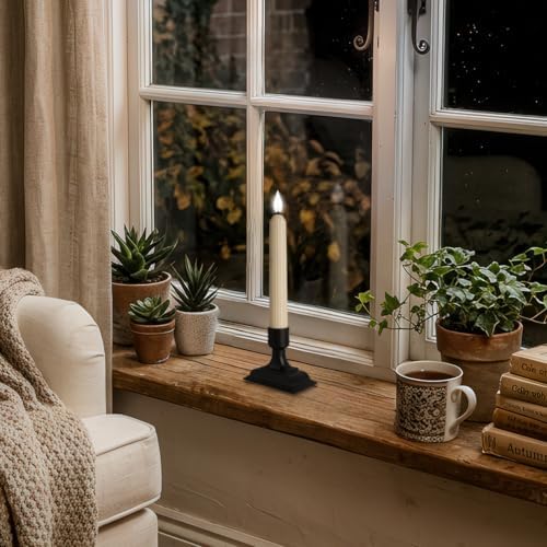 Homemory 12 Pcs Window Candles with Sensor Dusk to Dawn, White Light Electric Window Candle, Christmas Fake Candles Battery Operated, Led Candlesticks with Black Holders for Xmas Holiday Decor