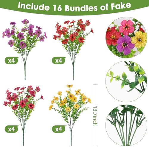 16PCS UV Resistant Artificial Flowers for Outdoors, Mix 4 Colors