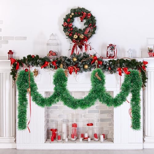 50ft Christmas Garland,Greenery Artificial Pine Twisted Hanging Garland Holiday Decor for Stairs Mantle Fireplace Home Party Holiday Christmas Decoration Indoor Outdoor Decor