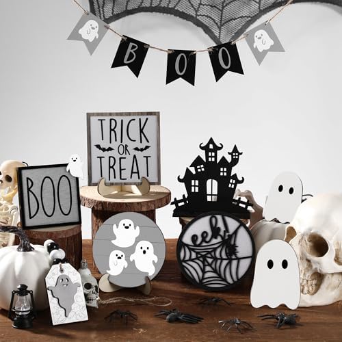 Umigy 15 Pcs Halloween Tiered Tray Decor Gray Ghost Wooden Signs Boo