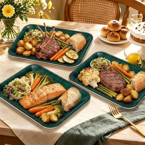 JarThenaAMCS 3Pcs Green Blue Tartan Plaid Serving Trays Vintage Plaid Reusable Serving Dishes Melamine Platter for Christmas Birthday Baby Shower Party Sharing Food Supplies
