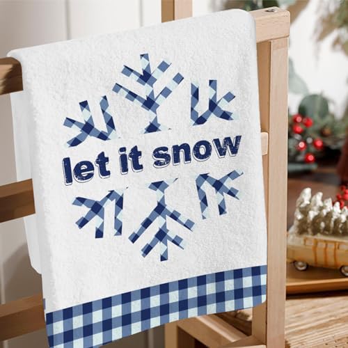 JOOCAR Blue Christmas Kitchen Towels Kitchen Decor Dish Towels Set of 4, 16x27 Inch Seasonal Witner Holiday Drying Dishcloth, Snowflake Blue Buffalo Plaid Decoration Hand Towels
