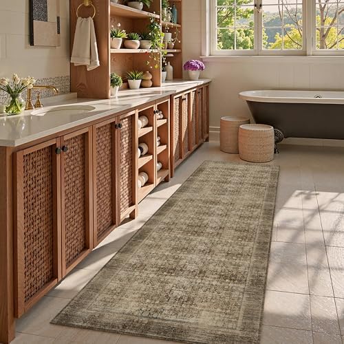 Washable Area Rug 2'6'' x 8' Vintage Traditional Persian Mat - Foldable Distressed Non-Slip Machine Washable Carpet for