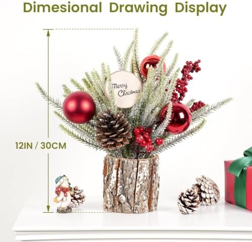 Small Table Top Christmas Tree with Lights, Mini Christmas Tree Decorations with Merry Christmas Pine Cones Berries Balls Ornaments for Home Party Office Centerpiece Indoor Decorations 12Inch, Red