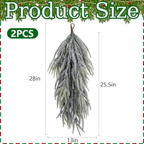 2 Pcs Artificial Christmas Snow Teardrop Swag, 28" Faux Glitter Snow Flocked Norfolk Pine Teardrop Door Swag, White Frosted Pine Wreath Staircase Swags for Xmas Door Mantle Fireplace Decor