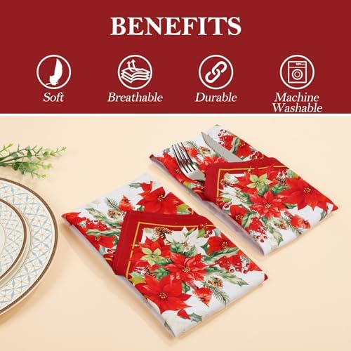 Christmas Poinsettia Cotton Cloth Napkins, Red, 18×18 in, Set of 4