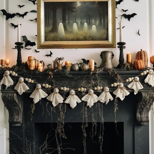 Bunny Chorus Ghost Halloween Garland: 1pc White Ghost Halloween Party Banner with Wood Beads, Cute Ghosts Halloween Garland Halloween Banner Decorations for Home Wall Mantel Doorways Front Decor
