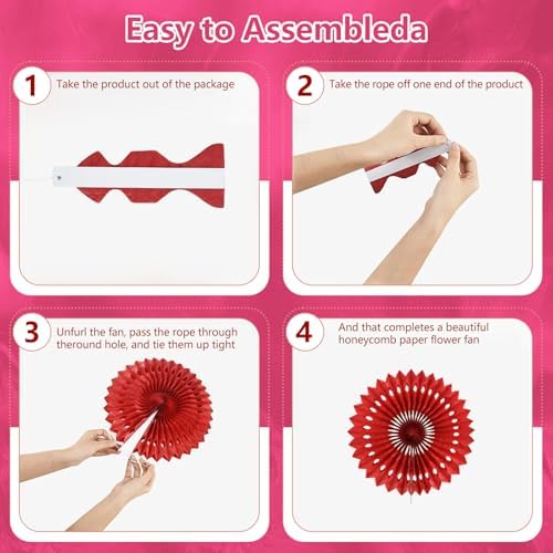 20 Pcs Rose Red Hanging Paper Fan, Hanging Honeycomb Round Paper Fans for Weddings, Birthdays, Easter, Baby Showers, Classroom, Events Ceiling Party Supplies Decorations