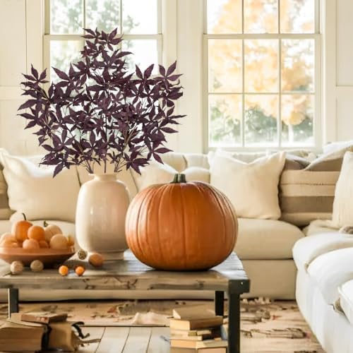 Hollyone 3Pcs Fall Leaf Stems Artificial Japanese Maple Leaves Branches Fake Fall Stems Plants Faux Maple Shrubs Leaf Bushes for Home Decor Autumn Halloween Thanksgiving Festival Decorations Burgundy