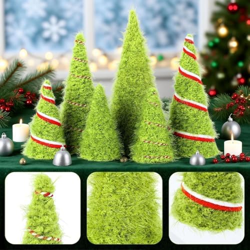 6 PCS 12" 10" 6" Lime Green Furry Christmas Cone Tree Christmas Handmade Xmas Velvet Trees Tabletop Centerpieces Mini Farmhouse Red Green Tree for Kitchen Mantle Winter Home Wedding Party Ornaments