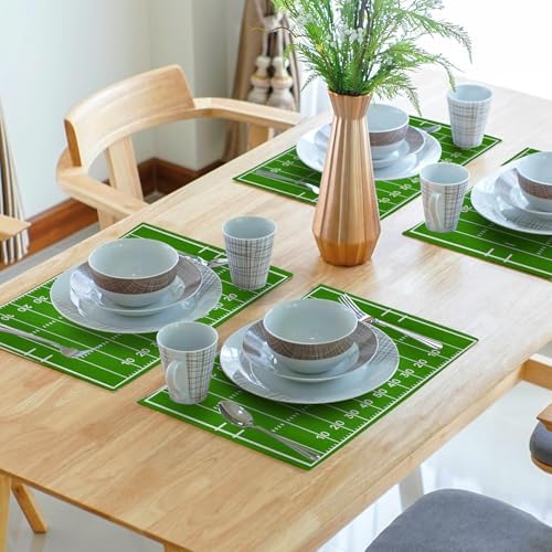 Football Placemats Set of 6 18x12 Inch Football Field Sport Themed Linen Place Mats Heat-Resistant Washable Wipeable Green Table Mat for Party Kitchen Dining Room Dinner Table Decor