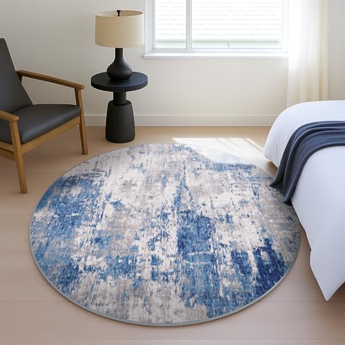 RELEANY Washable Round 8ft Area Rug for Living Room Blue Gray