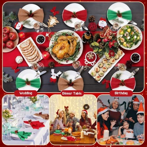 LemonRoad 36 Pcs Christmas Cloth Napkins and Napkin Ring Holders, Reusable Fabric with Pine Needle Red Fruit Napkin Rings for Xmas Table Decor, Banquet, Holiday Dinner Party, Wedding Party Supplies